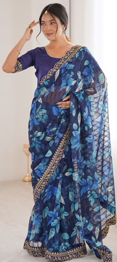 Blue color Saree in Georgette fabric with Embroidered, Floral, Printed work