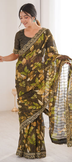 Green color Saree in Georgette fabric with Embroidered, Floral, Printed work