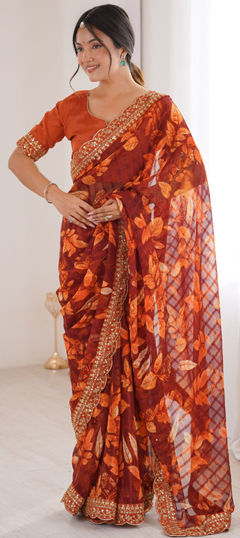 Orange color Saree in Georgette fabric with Embroidered, Floral, Printed work