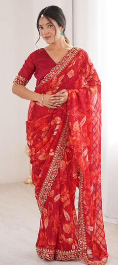 Red and Maroon color Saree in Georgette fabric with Embroidered, Floral work