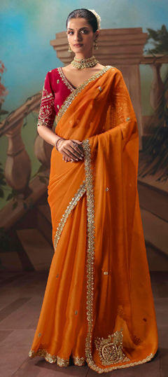 Orange color Saree in Tissue fabric with Border, Embroidered, Sequence work