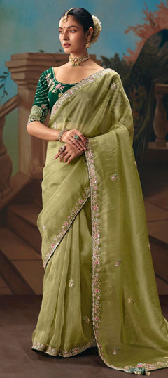 Green color Saree in Tissue fabric with Border, Embroidered, Sequence work