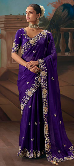Purple and Violet color Saree in Tissue fabric with Border, Embroidered, Sequence work