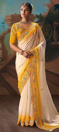 White and Off White color Saree in Tissue fabric with Border, Embroidered, Sequence work