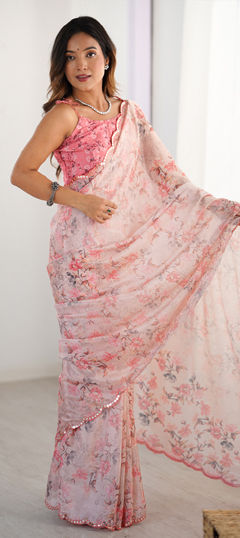 Pink and Majenta color Saree in Chinon Silk fabric with Border, Floral, Mirror, Printed work