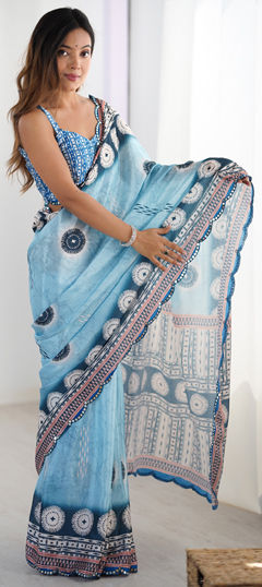 Blue color Saree in Chinon Silk fabric with Border, Floral, Mirror, Printed work