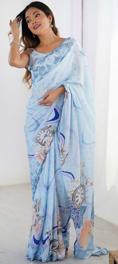 Blue color Saree in Chinon Silk fabric with Border, Floral, Mirror, Printed work