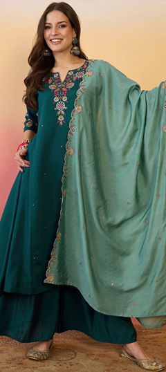 Blue color Salwar Kameez in Chanderi Silk fabric with Digital Print, Embroidered work
