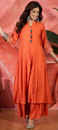 Orange color Salwar Kameez in Chanderi Silk fabric with Embroidered work
