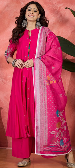 Pink and Majenta color Salwar Kameez in Chanderi Silk fabric with Embroidered work