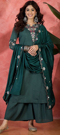 Green color Salwar Kameez in Chanderi Silk fabric with Digital Print, Embroidered work