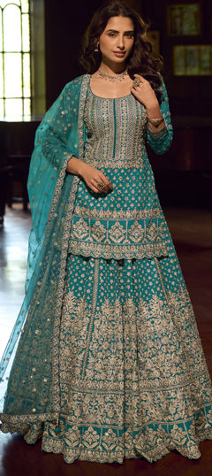 Blue color Long Lehenga Choli in Georgette fabric with Embroidered, Mirror, Resham, Thread work