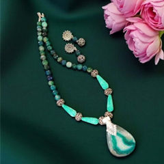 Enamel Blue color Pendant in Brass, Metal Alloy studded with Beads