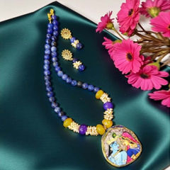 Enamel Blue color Pendant in Brass, Metal Alloy studded with Beads