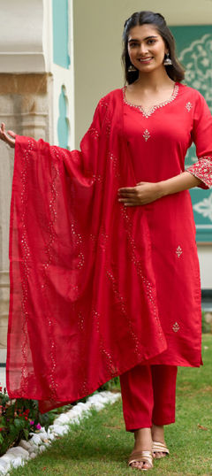 Red and Maroon color Salwar Kameez in Chanderi Silk fabric with Embroidered work