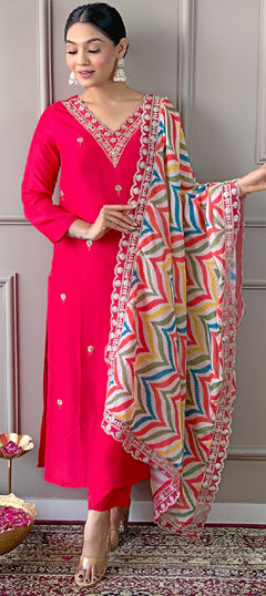 Red and Maroon color Salwar Kameez in Viscose fabric with Embroidered work