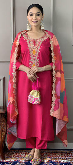 Red and Maroon color Salwar Kameez in Viscose fabric with Embroidered work