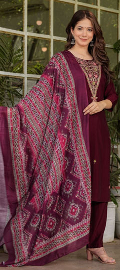 Red and Maroon color Salwar Kameez in Viscose fabric with Embroidered work