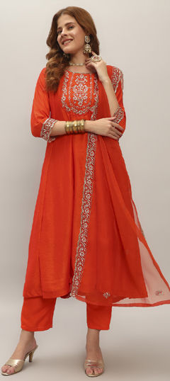 Orange color Salwar Kameez in Rayon fabric with Embroidered work