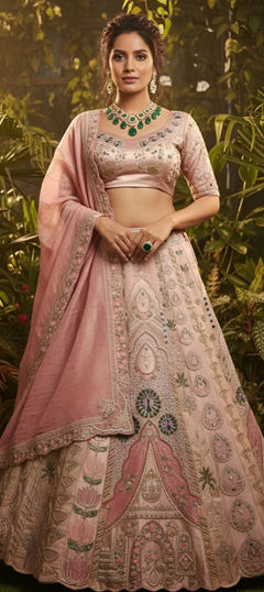 Pink and Majenta color Ready to Wear Lehenga in Silk fabric with Border, Embroidered, Sequence, Thread, Weaving, Zari work