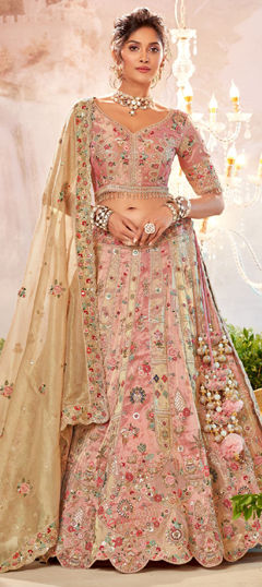 Pink and Majenta color Ready to Wear Lehenga in Silk fabric with Border, Embroidered, Sequence, Thread, Weaving, Zari work