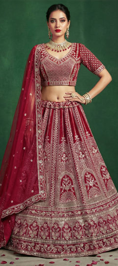 Red and Maroon color Lehenga in Satin fabric with Embroidered, Sequence, Stone work