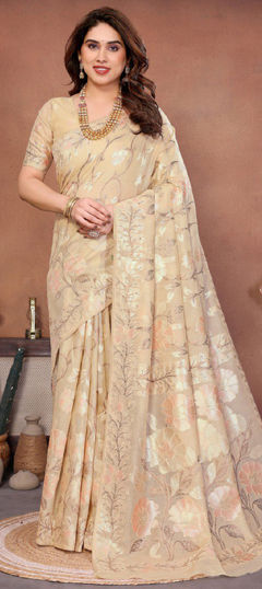 Yellow color Saree in Pashmina fabric with Weaving work
