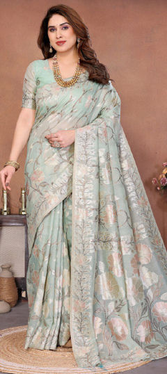 Green color Saree in Pashmina fabric with Weaving work