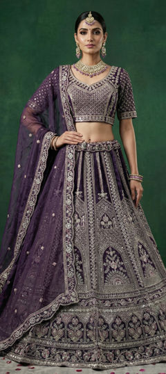 Purple and Violet color Lehenga in Satin fabric with Embroidered, Sequence, Stone work