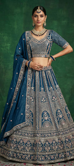 Blue color Lehenga in Satin fabric with Embroidered, Sequence, Stone work