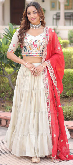Red and Maroon, White and Off White color Lehenga in Silk fabric with Printed work