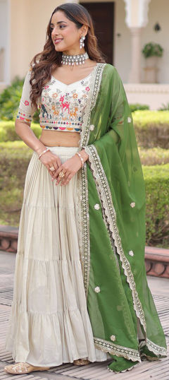 Green, White and Off White color Lehenga in Silk fabric with Printed work