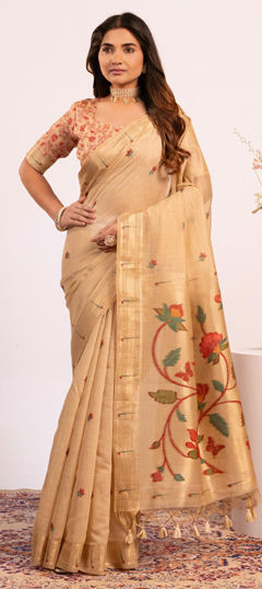 Beige and Brown color Saree in Cotton fabric with Weaving work