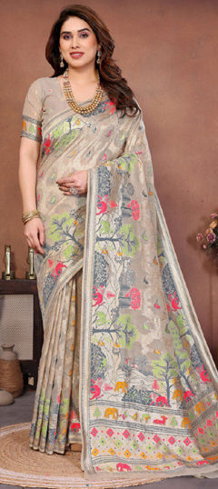 Gold color Saree in Pashmina fabric with Floral, Printed, Weaving work