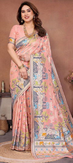 Pink and Majenta color Saree in Pashmina fabric with Floral, Printed, Weaving work