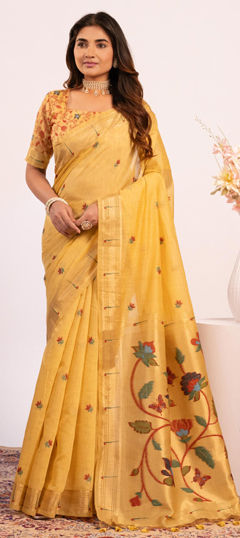 Yellow color Saree in Cotton fabric with Weaving work