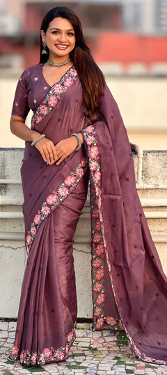 Purple and Violet color Saree in Crushed Silk fabric with Embroidered, Thread work