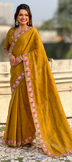 Yellow color Saree in Crushed Silk fabric with Embroidered, Thread work