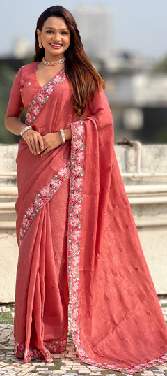 Pink and Majenta color Saree in Crushed Silk fabric with Embroidered, Thread work