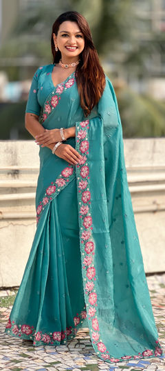 Blue color Saree in Crushed Silk fabric with Embroidered, Thread work