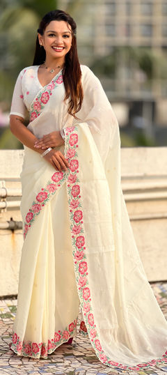White and Off White color Saree in Crushed Silk fabric with Embroidered, Thread work