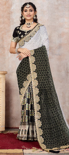 Black and Grey color Saree in Georgette, Viscose fabric with Embroidered, Gota Patti, Sequence, Weaving, Zari work
