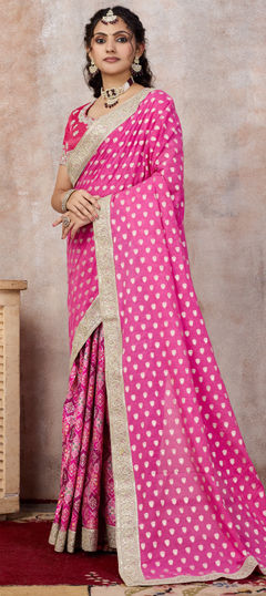 Pink and Majenta color Saree in Chanderi Silk, Viscose fabric with Embroidered, Gota Patti, Sequence, Weaving, Zari work