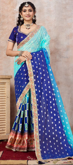 Blue color Saree in Chanderi Silk, Viscose fabric with Embroidered, Gota Patti, Sequence, Weaving, Zari work