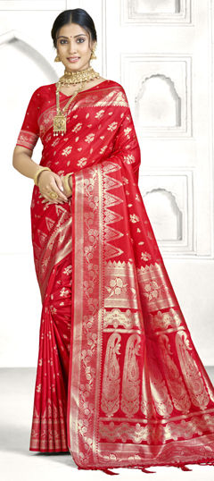 Red and Maroon color Saree in Banarasi Silk fabric with Weaving, Zari work