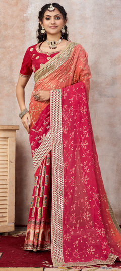 Orange, Red and Maroon color Saree in Georgette, Viscose fabric with Embroidered, Gota Patti, Sequence, Weaving, Zari work