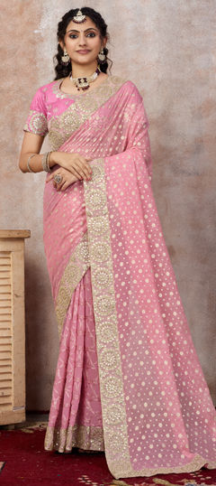 Pink and Majenta color Saree in Georgette, Viscose fabric with Embroidered, Gota Patti, Sequence, Weaving, Zari work