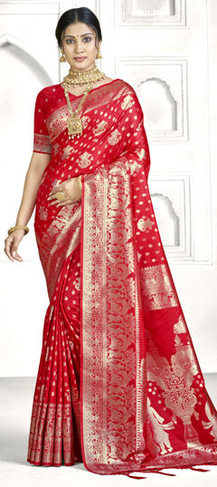 Red and Maroon color Saree in Banarasi Silk fabric with Weaving, Zari work
