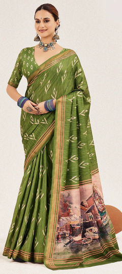 Green color Saree in Silk cotton fabric with Digital Print work