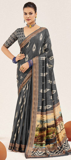 Black and Grey color Saree in Silk cotton fabric with Digital Print work